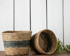 Baskets & Boxes-Kirkland's Home Blue Woven Cattail Baskets, Set Of 2 Tan/Blue