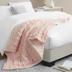 Blankets & Throws-Kirkland's Home Blush Ruched Faux Fur Throw Pink