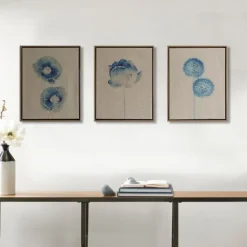 Framed Art-Kirkland's Home Botanical Framed Linen Canvas Art Print, Set Of 3 Blue/Tan