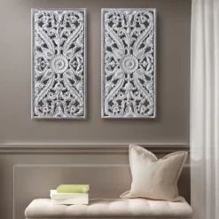 Wall Plaques-Kirkland's Home Botanical Wood Carved Panel Wall Plaques, Set Of 2 White