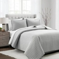 Quilts-Kirkland's Home Box Stitch Cotton Full/Queen 3-Pc. Quilt Set Gray