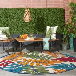 Outdoor Rugs-Kirkland's Home Bright Branches Round Outdoor Area Rug, 7X7 Orange/Green/Blue