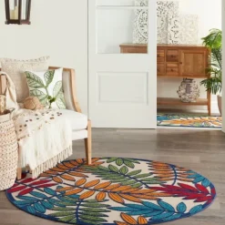 Outdoor Rugs-Kirkland's Home Bright Branches Round Outdoor Area Rug, 5X5 Orange/Green/Blue