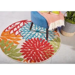 Outdoor Rugs-Kirkland's Home Bright Leaves Round Outdoor Area Rug, 5X5 Red/Blue/Orange