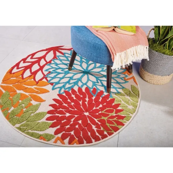 Outdoor Rugs-Kirkland's Home Bright Leaves Round Outdoor Area Rug, 5X5 Red/Blue/Orange