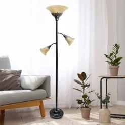Floor Lamps-Kirkland's Home Bronze And 3-Scallop Glass Floor Lamp Tan
