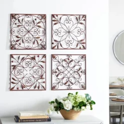 Wall Plaques-Kirkland's Home Bronze Scrollwork 4-Pc. Panel Wall Art Brown