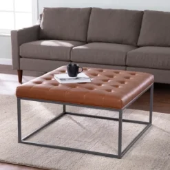 Benches & Ottomans-Kirkland's Home Brown Button Tufted Faux Leather Ottoman Brown/Gray
