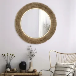Decorative Mirrors-Kirkland's Home Brown Fringe Jute Round Wall Mirror