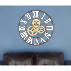 Clocks-Kirkland's Home Brown Metal Open Face Gold Gears Wall Clock