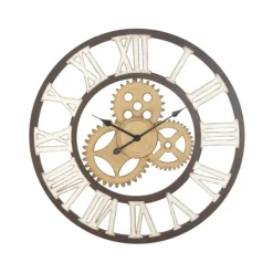Clocks-Kirkland's Home Brown Metal Open Face Gold Gears Wall Clock