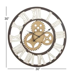 Clocks-Kirkland's Home Brown Metal Open Face Gold Gears Wall Clock