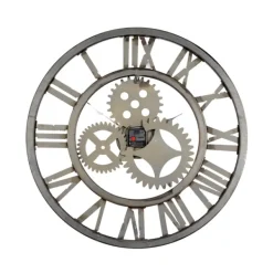Clocks-Kirkland's Home Brown Metal Open Face Gold Gears Wall Clock