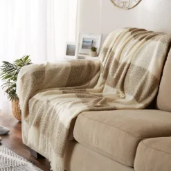 Blankets & Throws-Kirkland's Home Brown Rugby Stripe Fringe Throw Ivory/Brown