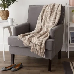 Blankets & Throws-Kirkland's Home Brown Stone Square Stripes Throw Brown/White