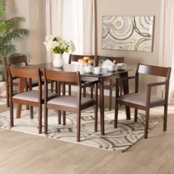 Dining Tables-Kirkland's Home Brown Wood And Beige Upholstered 7-Pc. Dining Set Gray