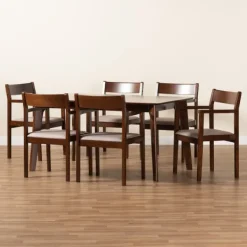 Dining Tables-Kirkland's Home Brown Wood And Beige Upholstered 7-Pc. Dining Set Gray