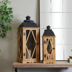 Lanterns-Kirkland's Home Brown Wood And Black Mesh Lanterns, Set Of 2 Brown/Black