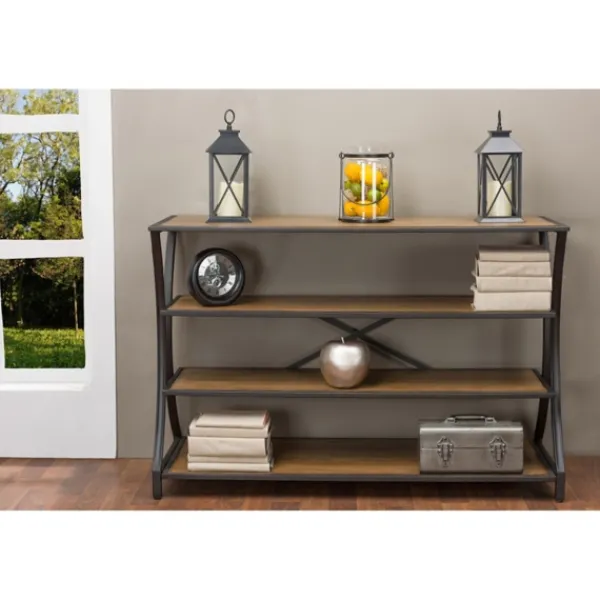 Console Tables-Kirkland's Home Brown Wood And Curved Metal 4-Tier Console Table