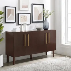 Cabinets & Sideboards-Kirkland's Home Brown Wood And Gold 4-Door Cabinet