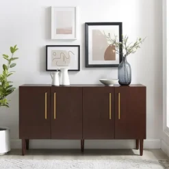 Cabinets & Sideboards-Kirkland's Home Brown Wood And Gold 4-Door Cabinet