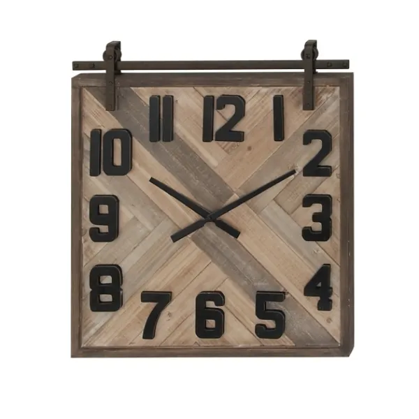 Clocks-Kirkland's Home Brown Wood Black Metal Accent Square Wall Clock