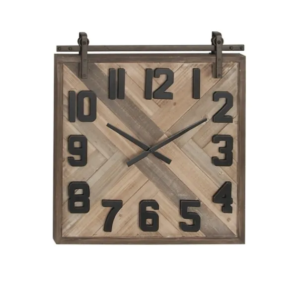 Clocks-Kirkland's Home Brown Wood Black Metal Accent Square Wall Clock