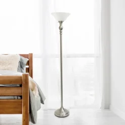 Floor Lamps-Kirkland's Home Brushed Nickel And Marbleized Glass Torchiere Silver