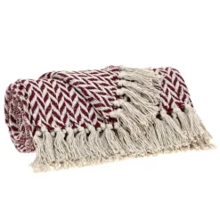 Blankets & Throws-Kirkland's Home Burgundy Zig Zag Pattern Throw Red/Ivory