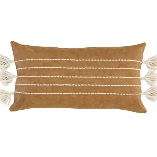 Pillows-Kirkland's Home Camel Vegan Leather Tasseled Lumbar Pillow Tan