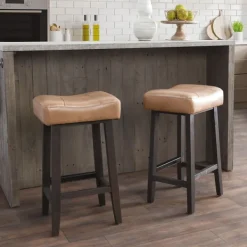 Bar Stools & Counter Height Stools-Kirkland's Home Camel Wood And Leather Backless Stool Tan