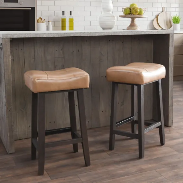 Bar Stools & Counter Height Stools-Kirkland's Home Camel Wood And Leather Backless Stool Tan