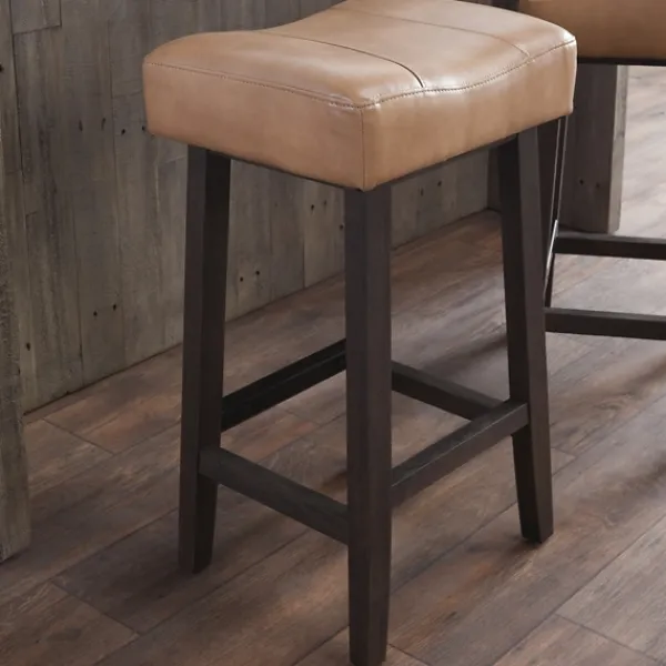 Bar Stools & Counter Height Stools-Kirkland's Home Camel Wood And Leather Backless Stool Tan