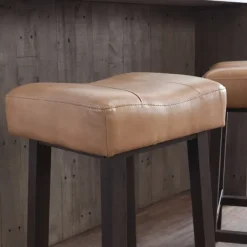Bar Stools & Counter Height Stools-Kirkland's Home Camel Wood And Leather Backless Stool Tan