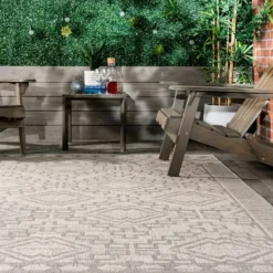 Outdoor Rugs-Kirkland's Home Cammie Gray Moroccan Geometric Outdoor Rug, 5X8 Gray/Ivory
