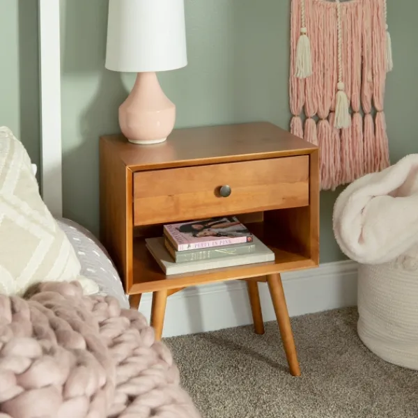Nightstands-Kirkland's Home Caramel 1-Drawer Mid Century Nightstand Brown