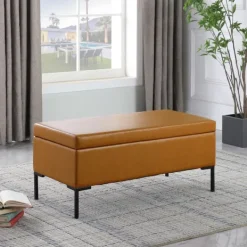 Benches & Ottomans-Kirkland's Home Caramel Vegan Leather Storage Bench Brown
