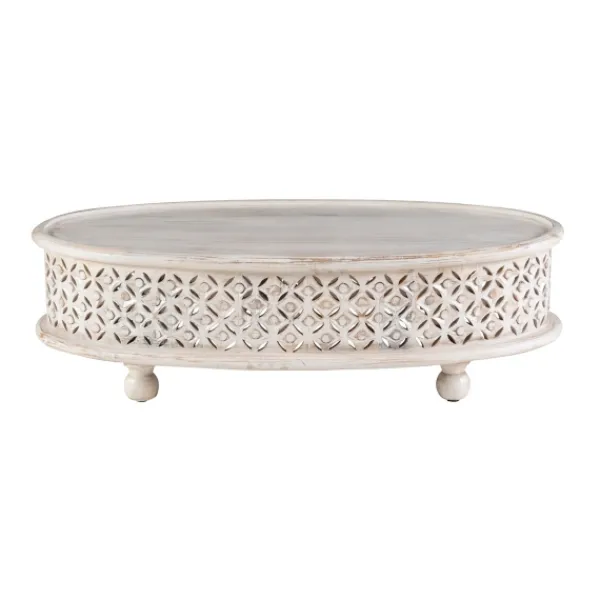Coffee Tables-Kirkland's Home Carved Lattice Wood Oval Coffee Table White