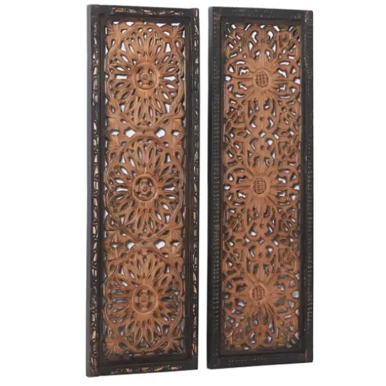 Wall Plaques-Kirkland's Home Carved Mahogany 2-Pc. Floral Motif Plaque Set Brown/Black/Gold