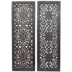 Wall Plaques-Kirkland's Home Carved Mahogany 2-Pc. Floral Motif Plaque Set Brown/Black/Gold