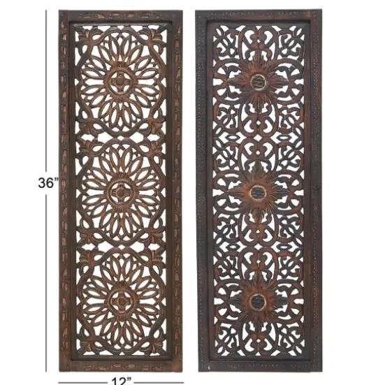Wall Plaques-Kirkland's Home Carved Mahogany 2-Pc. Floral Motif Plaque Set Brown/Black/Gold