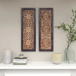 Wall Plaques-Kirkland's Home Carved Mahogany 2-Pc. Floral Motif Plaque Set Brown/Black/Gold