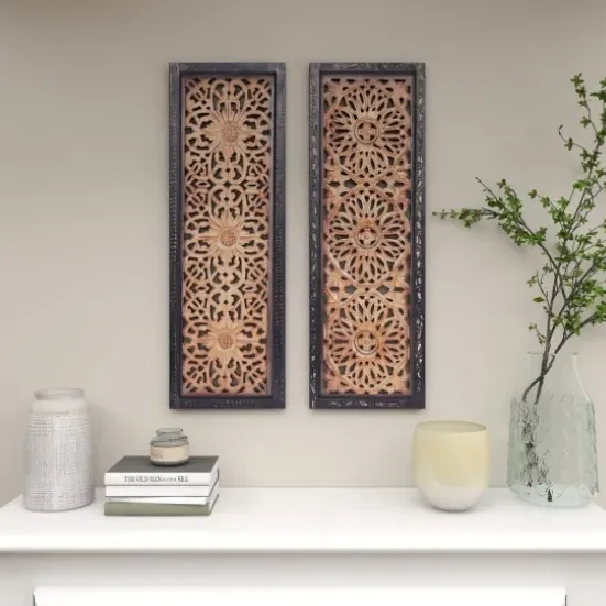 Wall Plaques-Kirkland's Home Carved Mahogany 2-Pc. Floral Motif Plaque Set Brown/Black/Gold
