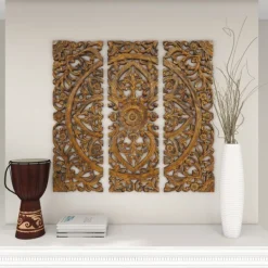Wall Plaques-Kirkland's Home Carved Mahogany 3-Pc. Triptych Wall Panels Gold