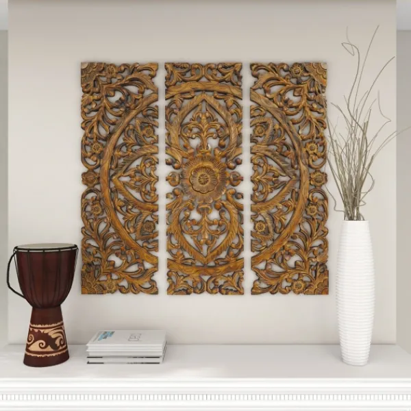 Wall Plaques-Kirkland's Home Carved Mahogany 3-Pc. Triptych Wall Panels Gold