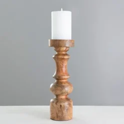 Candle Holders-Kirkland's Home Carved Natural Mango Wood Candle Holder, 12 In. Brown