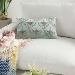 Pillows-Kirkland's Home Celadon Beaded Floral Motif Lumbar Pillow Blue