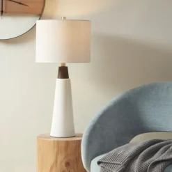 Table Lamps-Kirkland's Home Ceramic And Wood Cone Table Lamp White