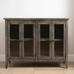 Cabinets & Sideboards-Kirkland's Home Charcoal 4-Door Windowpane Wooden Cabinet Gray