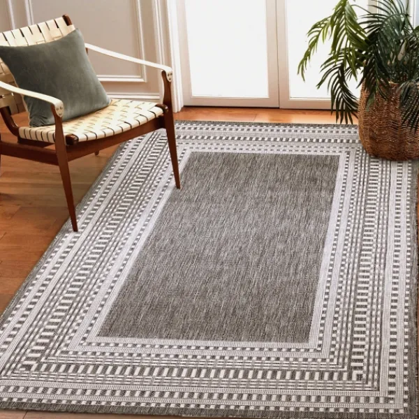Outdoor Rugs-Kirkland's Home Charcoal Linear Macy Indoor/Outdoor Area Rug, 7X9 Black
